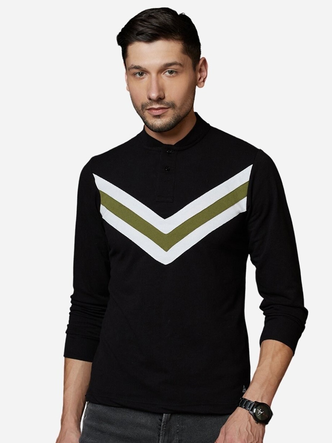 

HillTop Polos Men Black & smoky black V-Neck Applique Slim Fit T-shirt