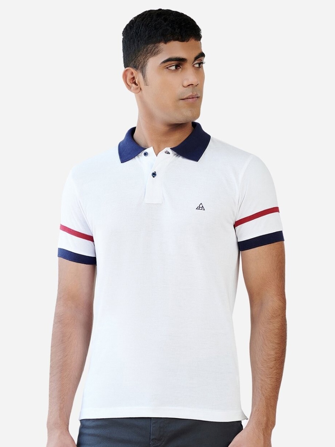 

HillTop Polos Men White Polo Collar Applique Slim Fit T-shirt