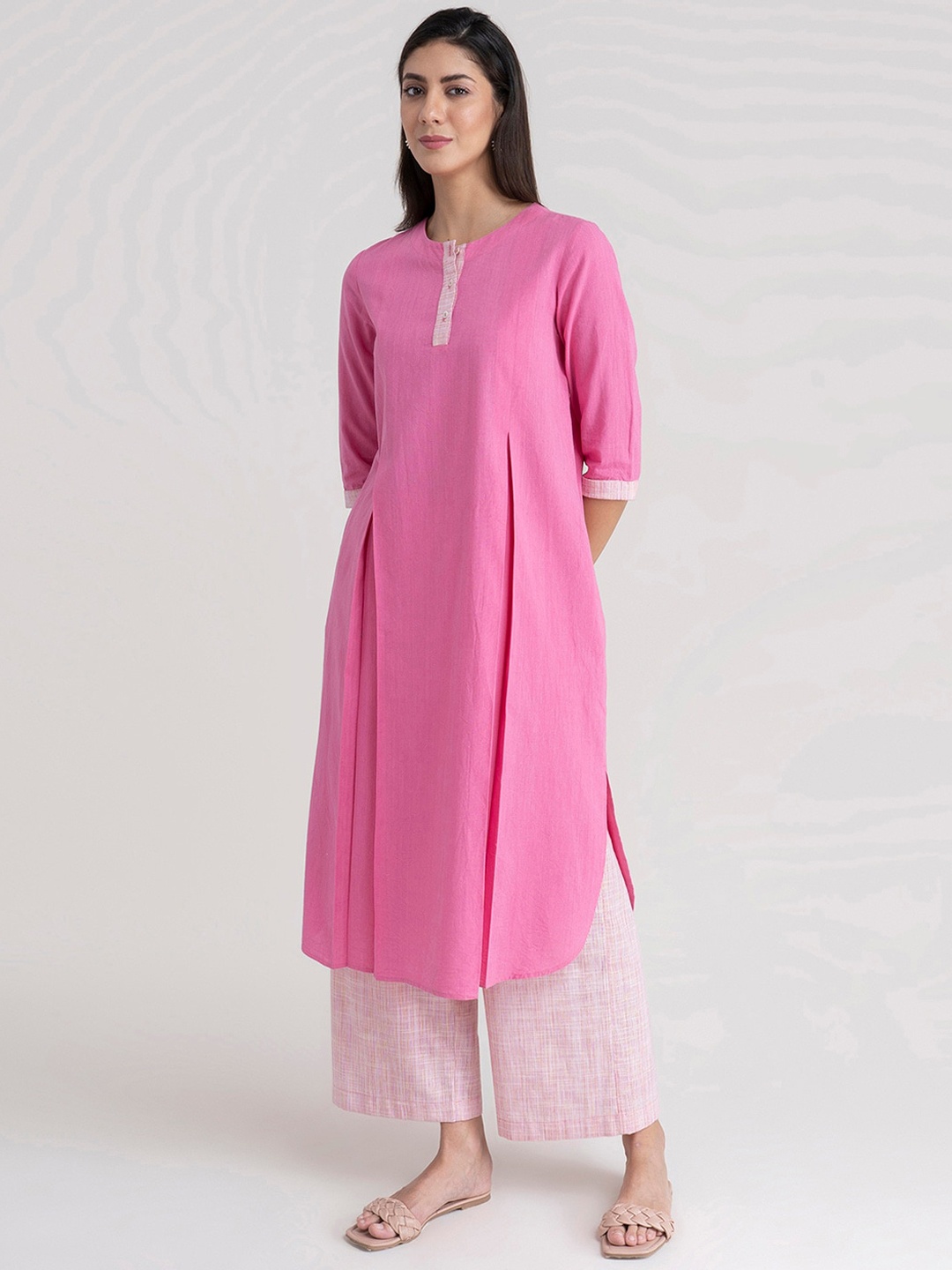 

Pink Fort Women Pink Pleated Pure Cotton Kurti with Palazzos