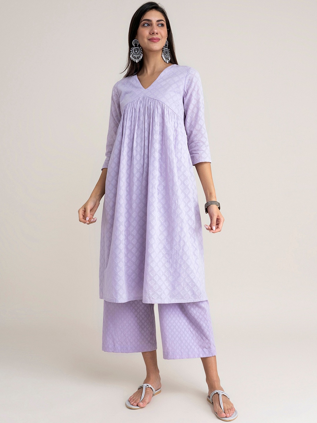 

Pink Fort Women Lavender Printed Pleated Pure Cotton Kurti with Palazzos