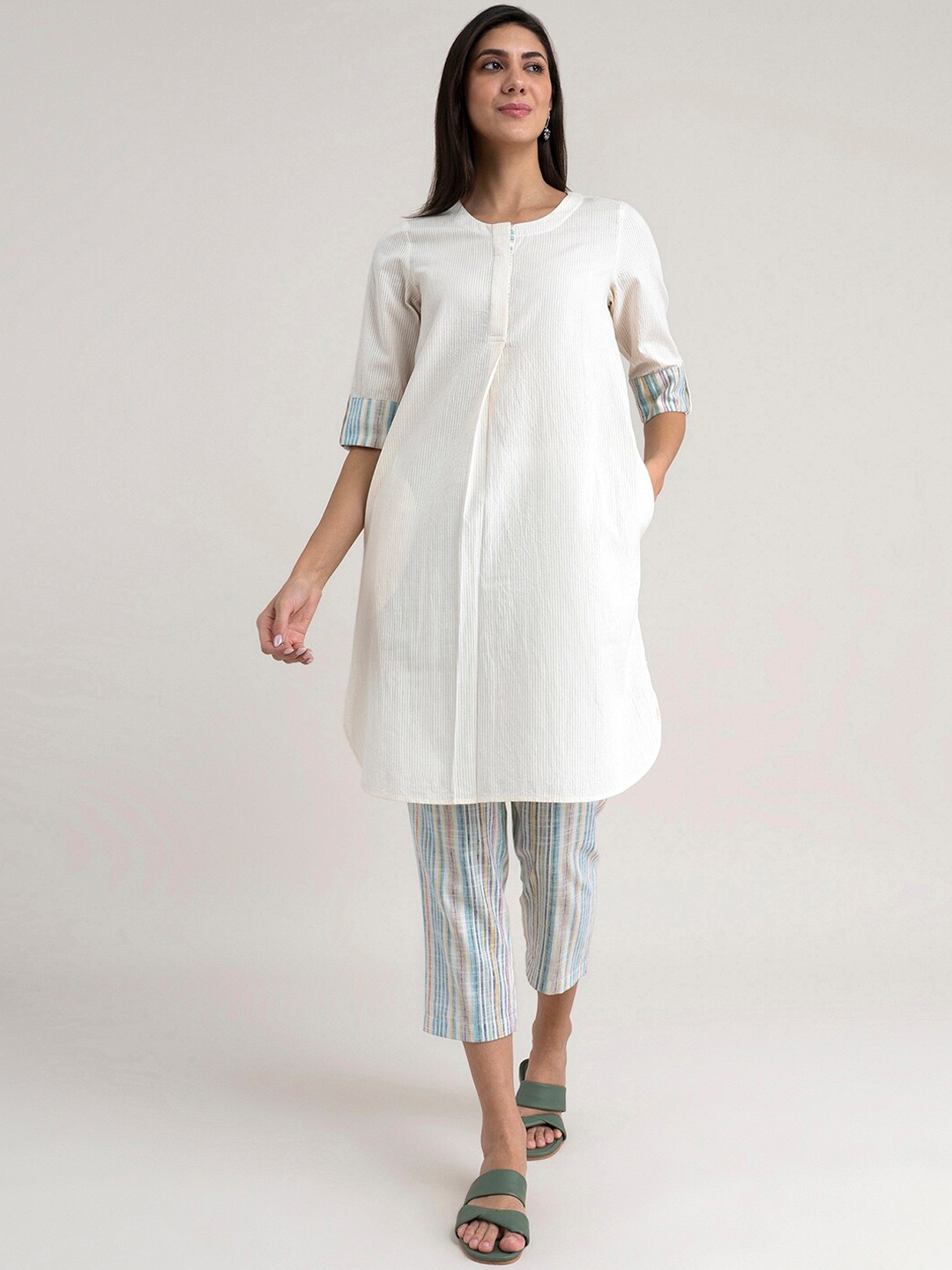 

Pink Fort Women Off White Striped Layered Pure Cotton Kurti with Trousers