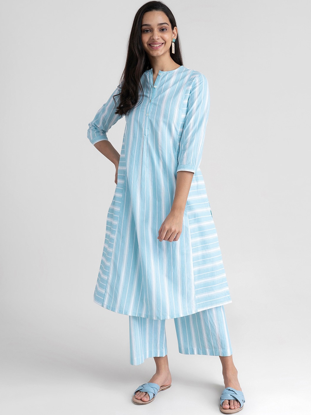 

Pink Fort Women Blue Layered Pure Cotton Kurta with Palazzos & With Dupatta
