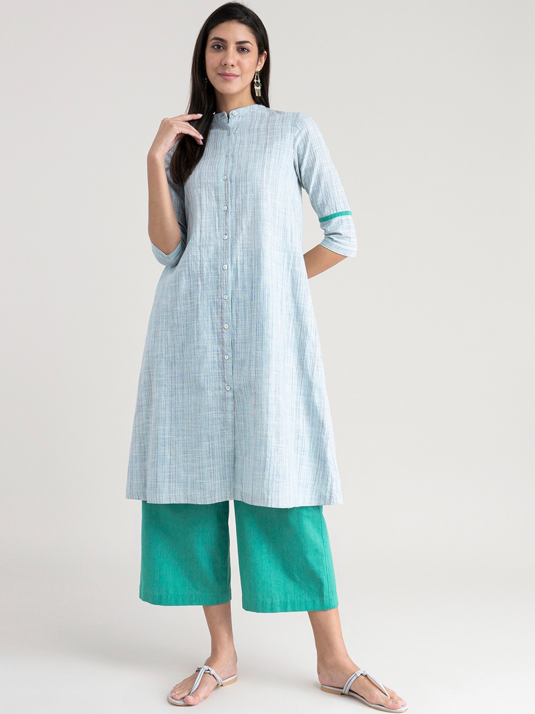 

Pink Fort Women Blue Striped Panelled Pure Cotton Kurta with Palazzos