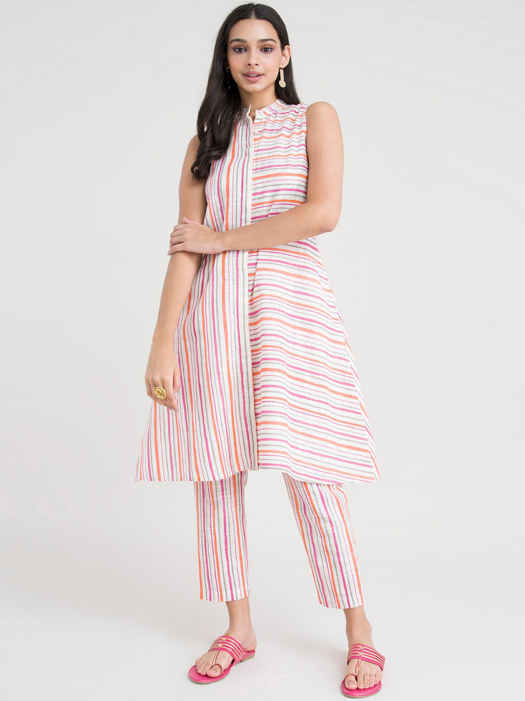 

Pink Fort Women Orange Striped Panelled Pure Cotton Kurti with Trousers
