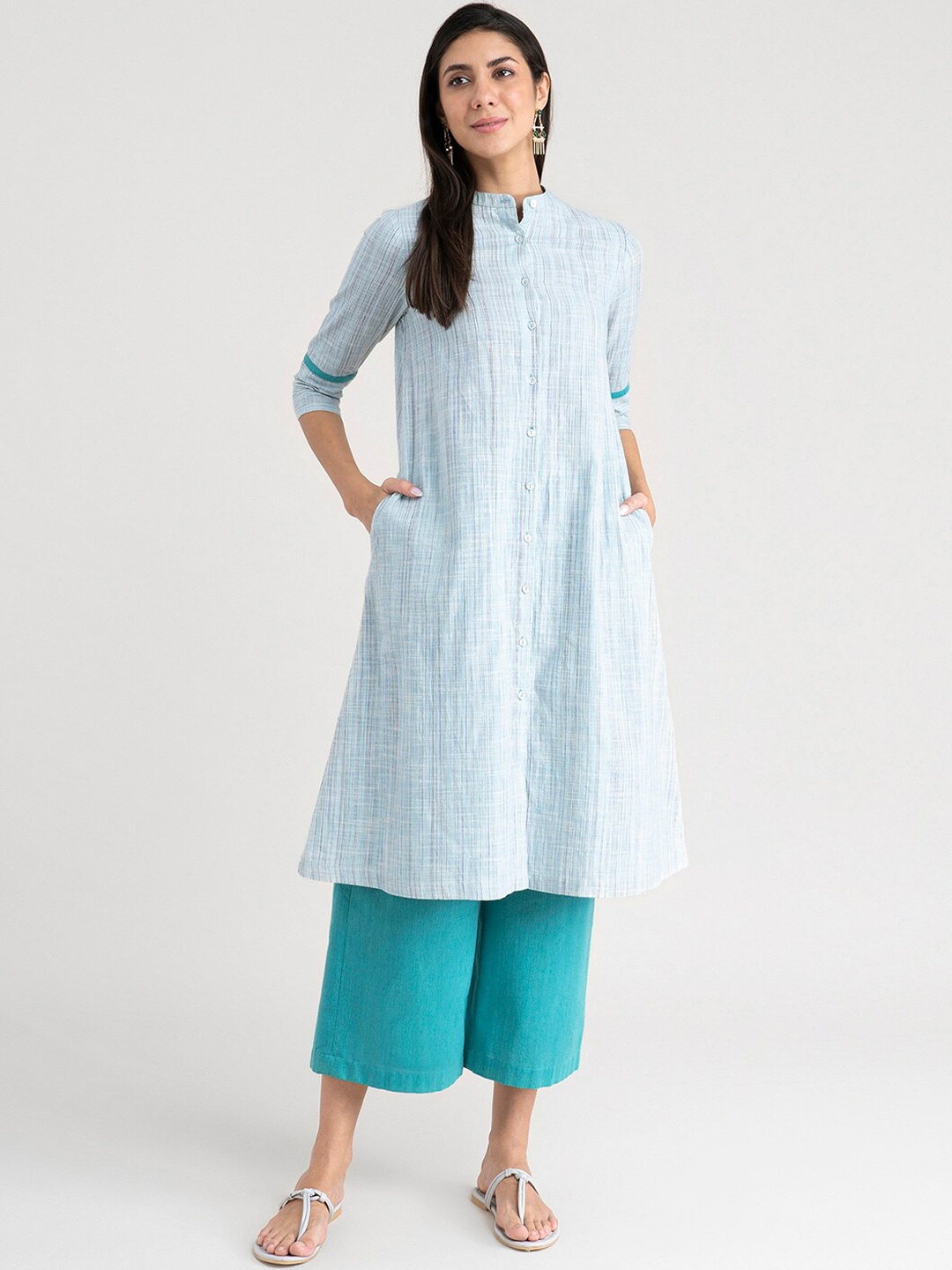 

Pink Fort Women Blue Striped Thread Work Pathani Kurta