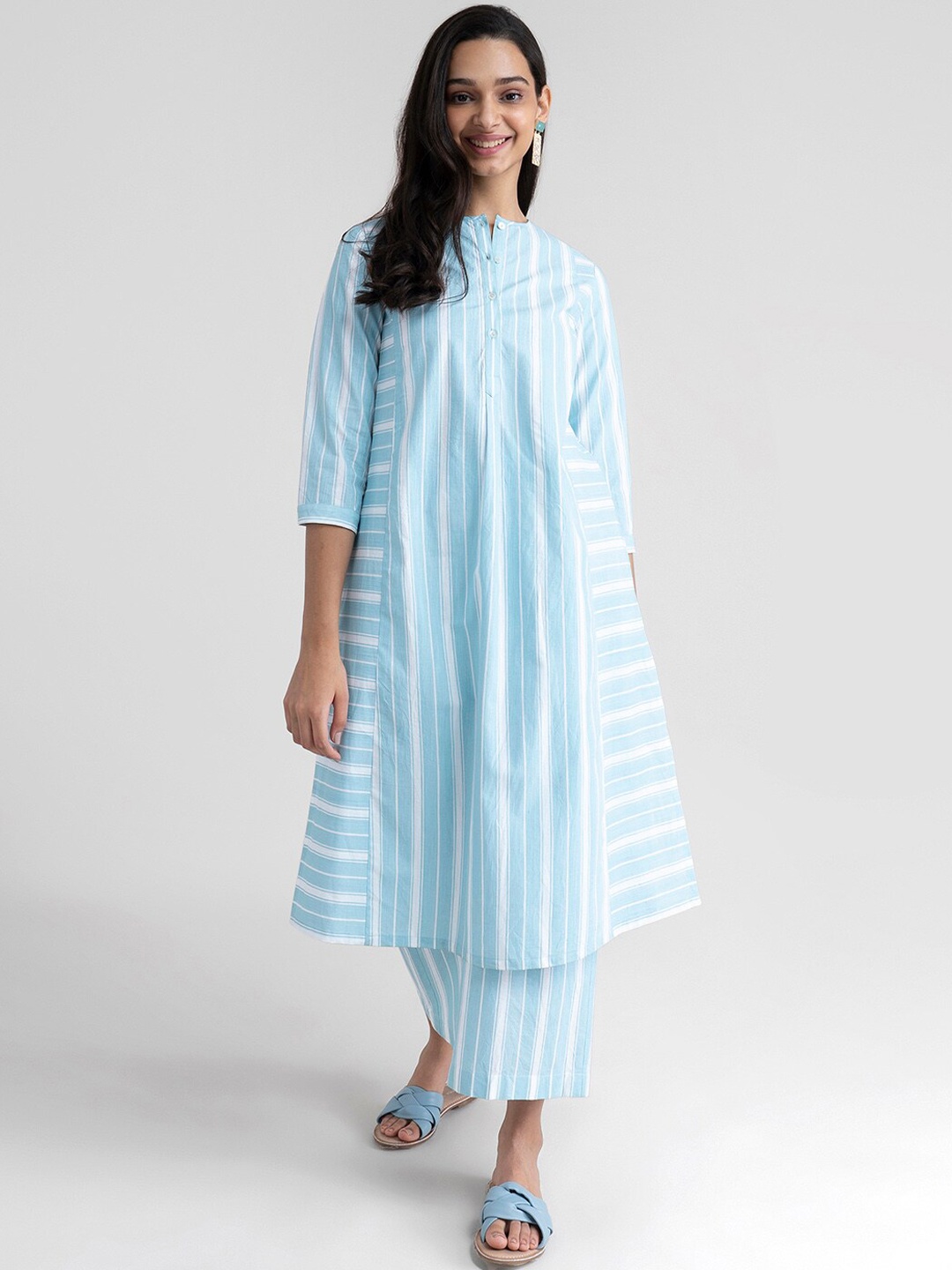 

Pink Fort Women Blue Striped Mirror Work Khadi Kurta