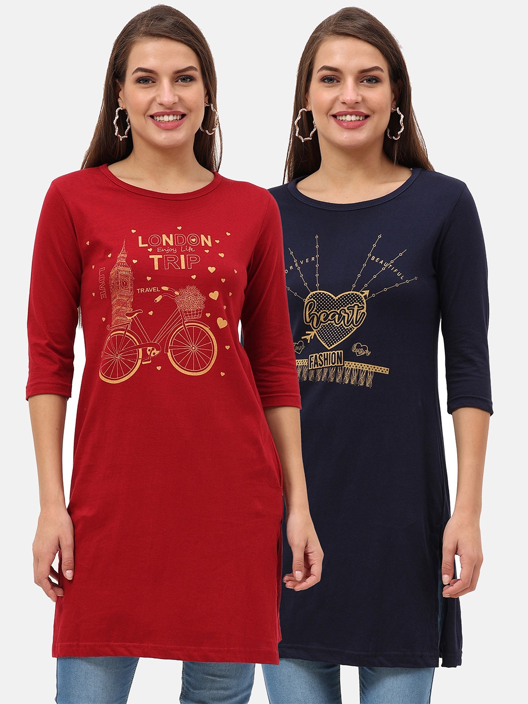 

Fleximaa Pack of 2 Maroon & Navy Blue Printed Longline Tops