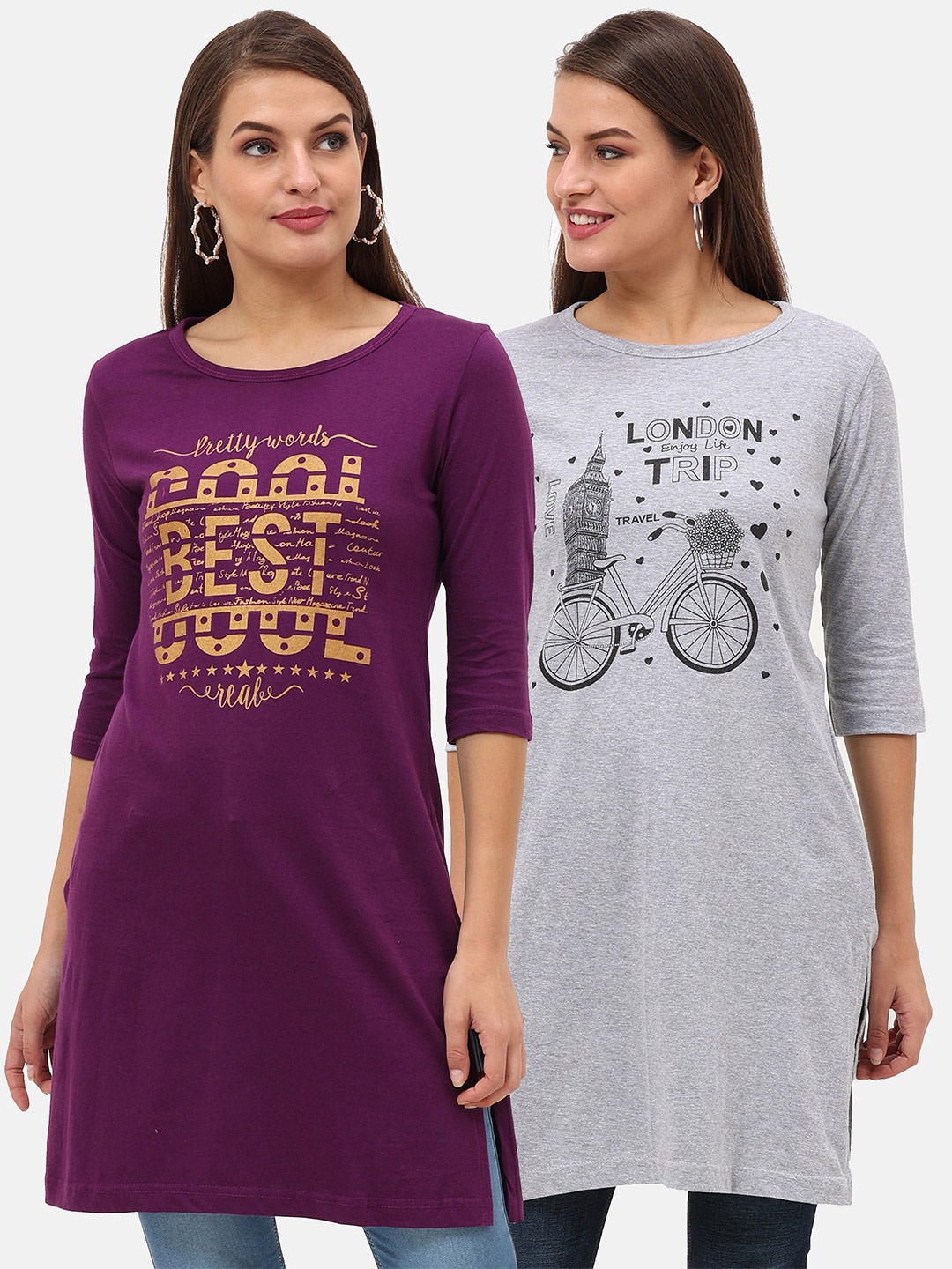 

Fleximaa Purple & Grey Print Longline Top
