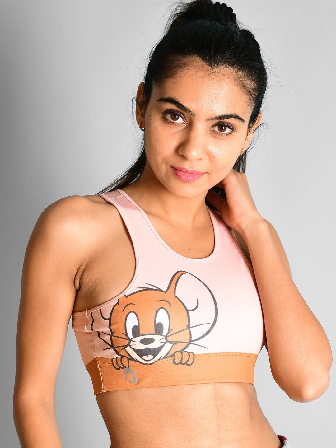 

Athlizur Pink & Brown Jerry Printed Racerback Sports Bra