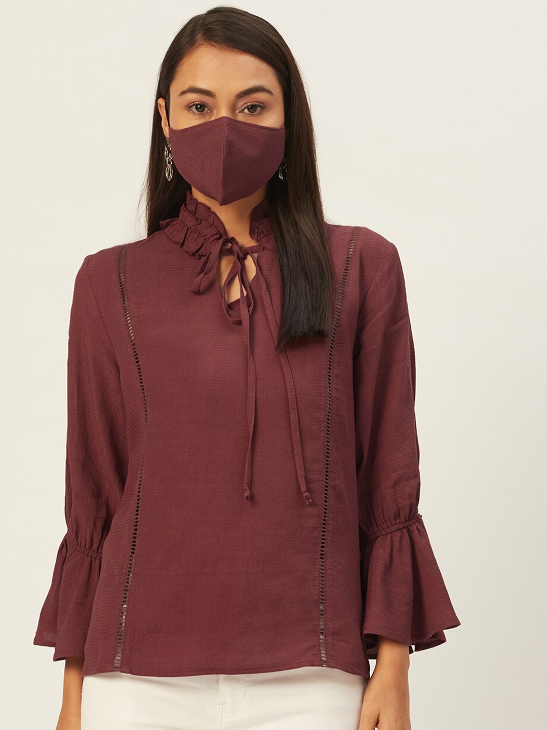 

DressBerry Purple & garnet Tie-Up Neck Top