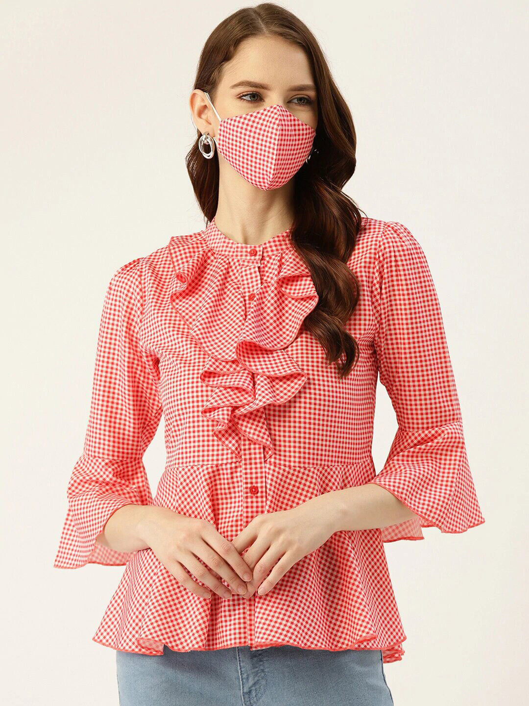 

DressBerry Red & peach pink Checked Tie-Up Neck Crepe Peplum Top