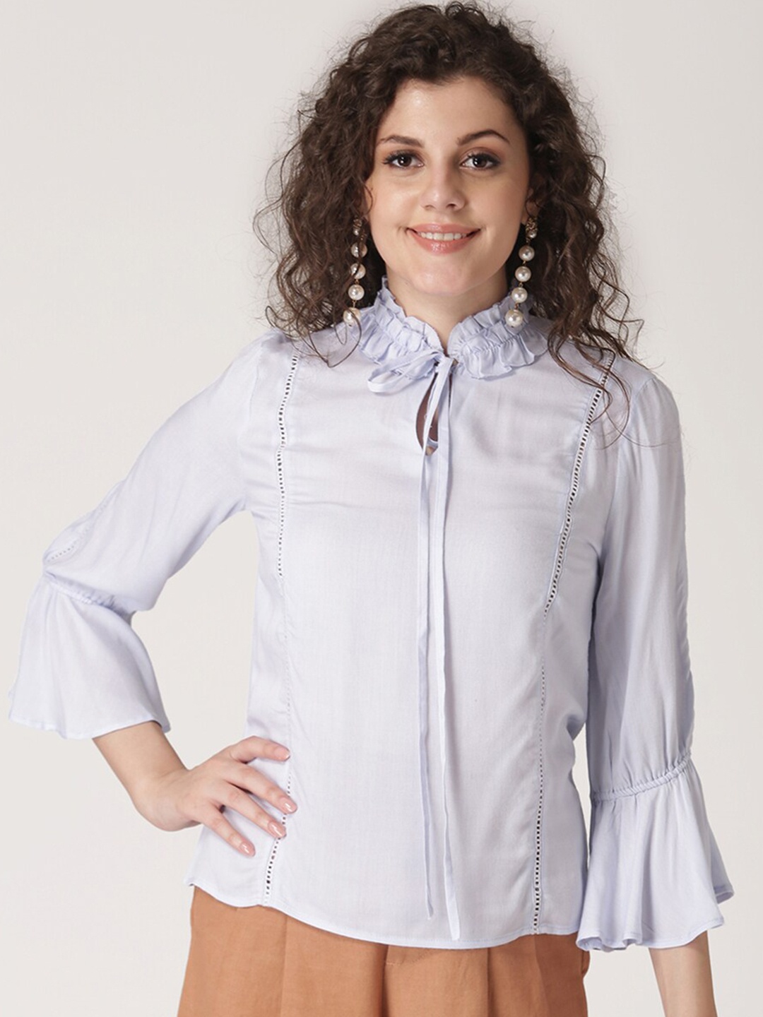 

DressBerry Blue & christmas silver Striped Tie-Up Neck Shirt Style Top