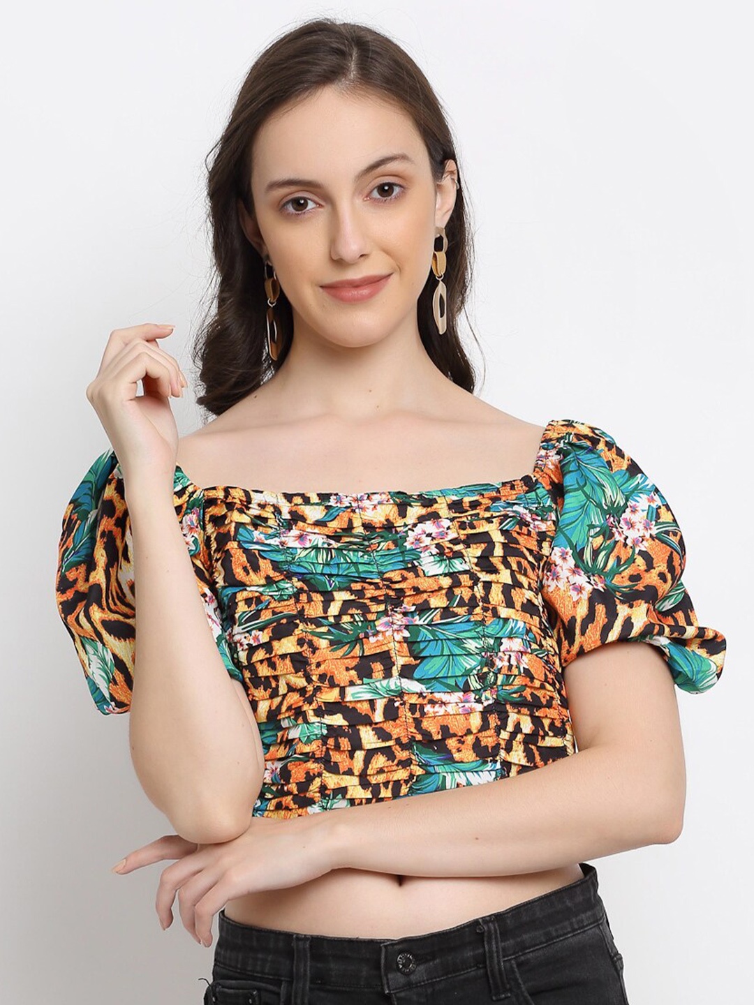 

DressBerry Brown & meteorite Floral Print Off-Shoulder Bardot Crop Top