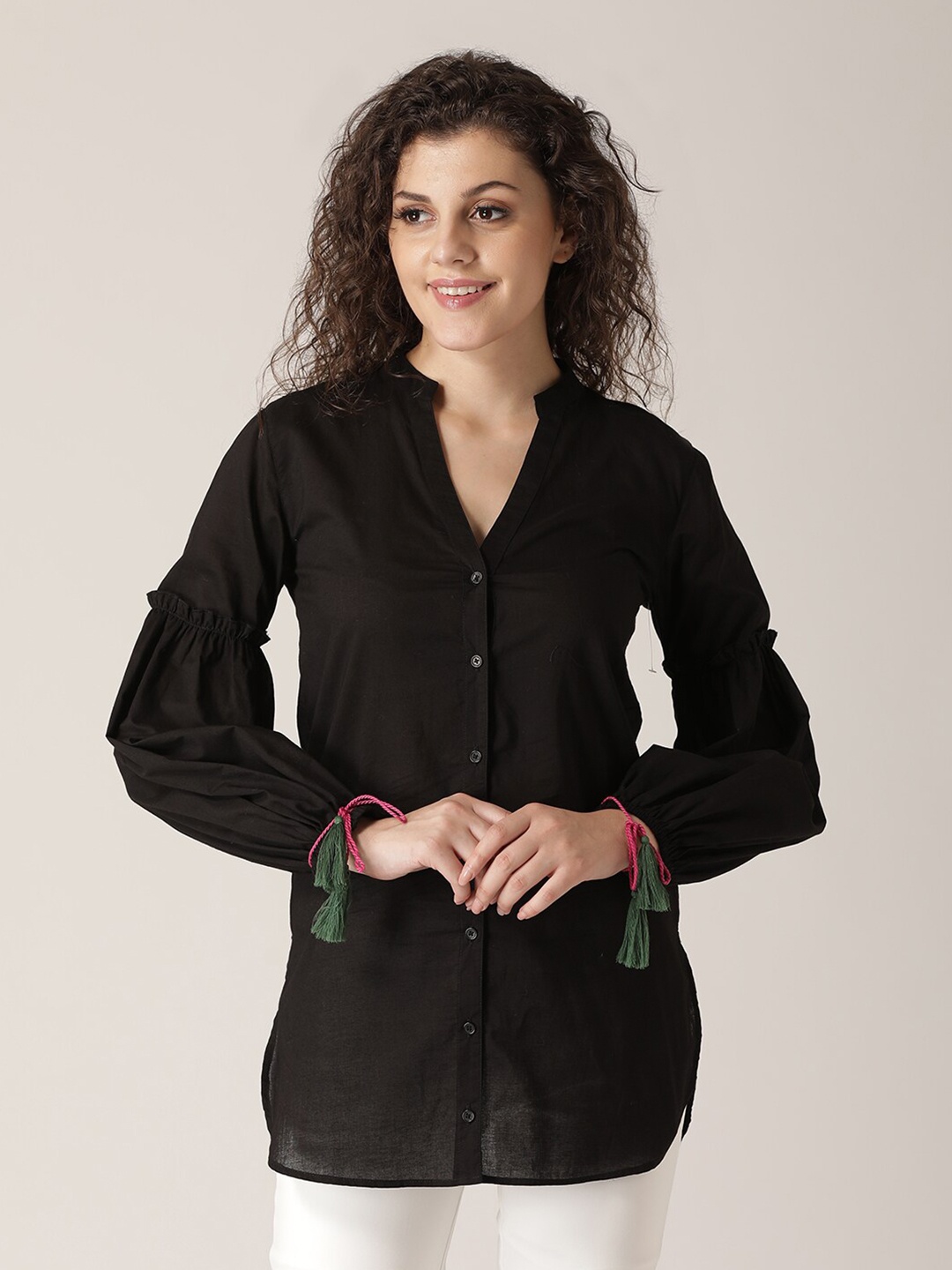 

DressBerry Black & licorice Mandarin Collar Shirt Style Top