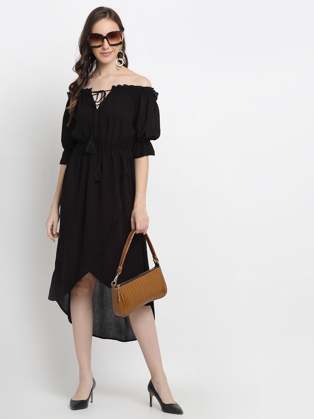 

DressBerry Black & french middle red purple Off-Shoulder Crepe Midi Dress