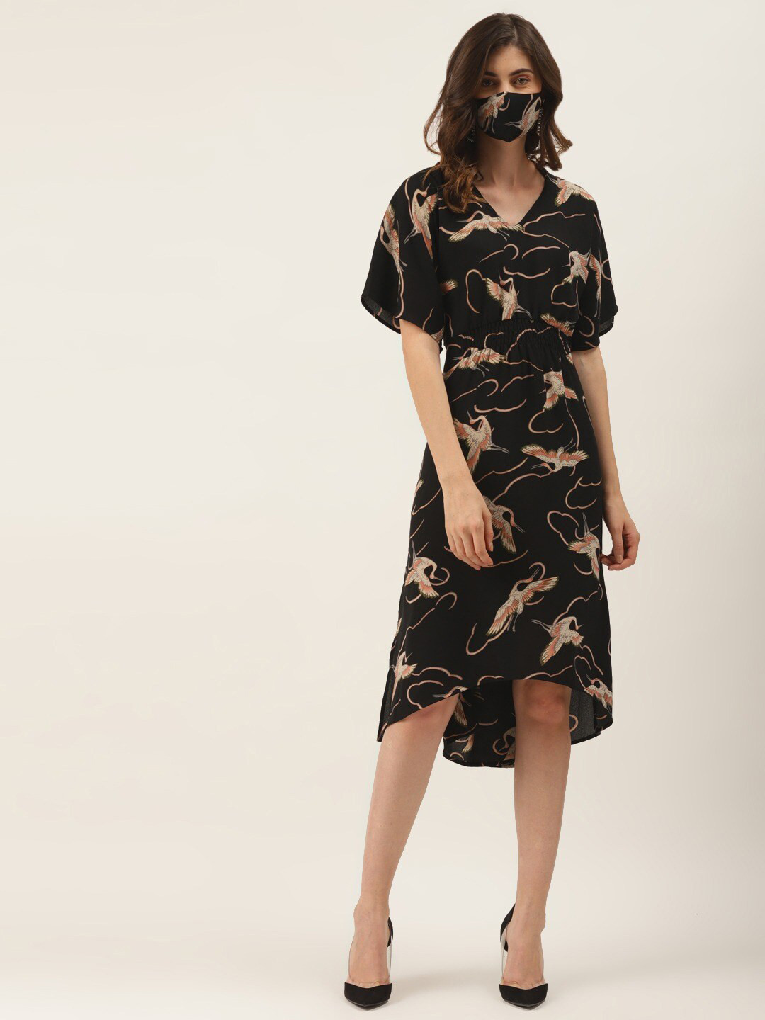 

DressBerry Black & eerie black Floral Crepe A-Line Midi Dress