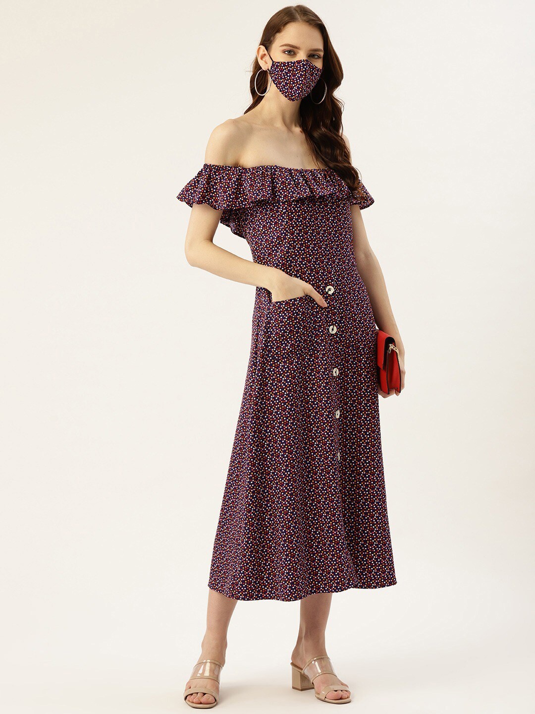

DressBerry Blue & brown Off-Shoulder Crepe A-Line Midi Dress