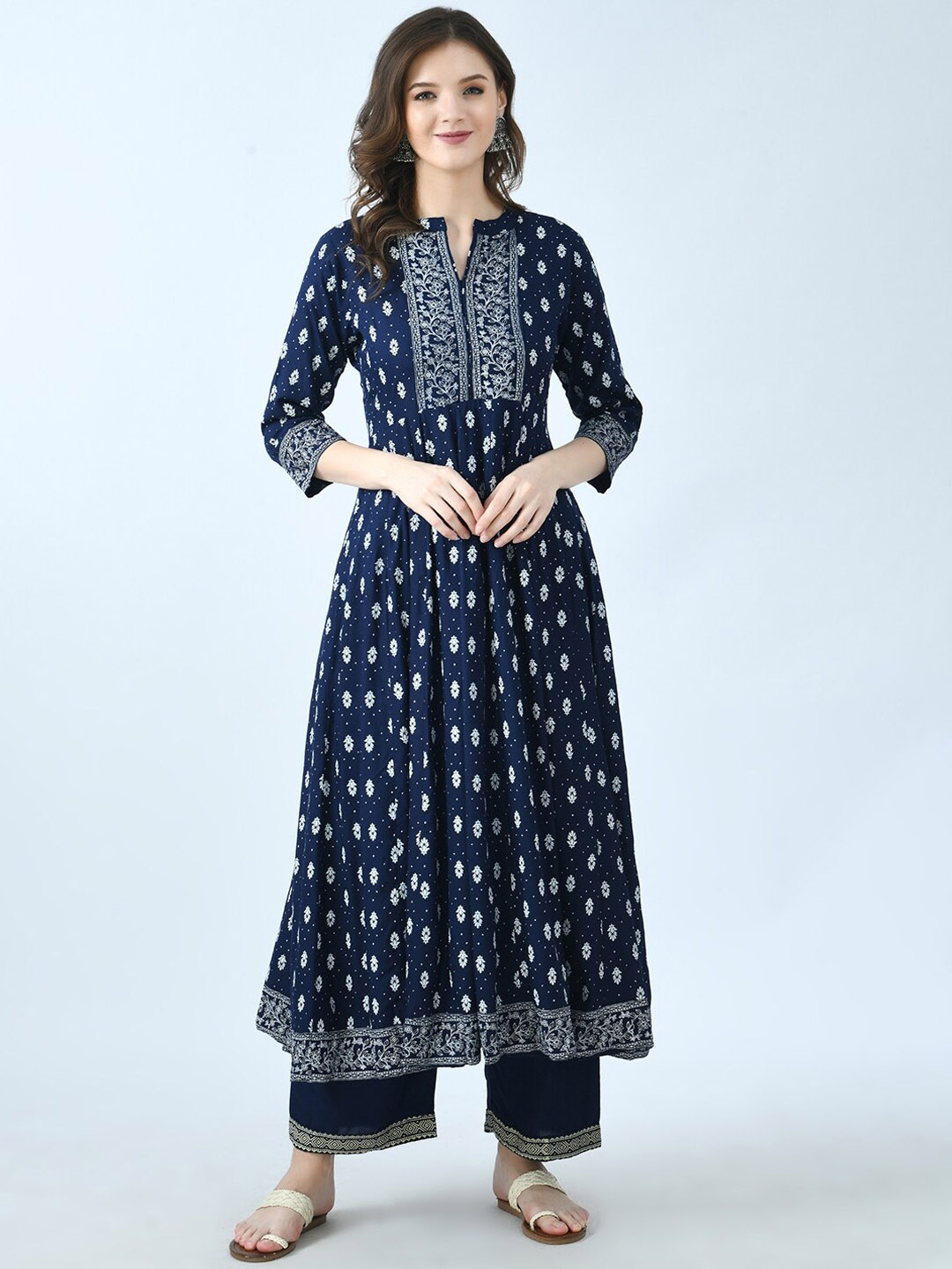 

KALINI Women Blue Printed High Slit Kurta with Trousers