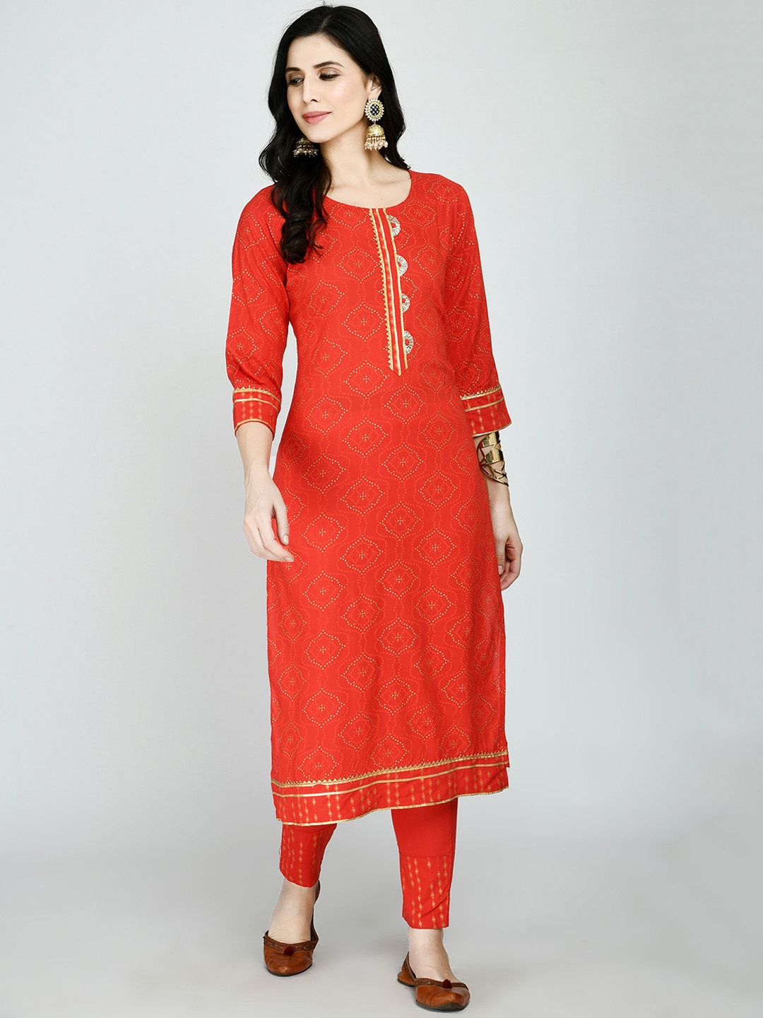 

KALINI Women Red Ethnic Motifs Printed Layered Kurti with Trousers