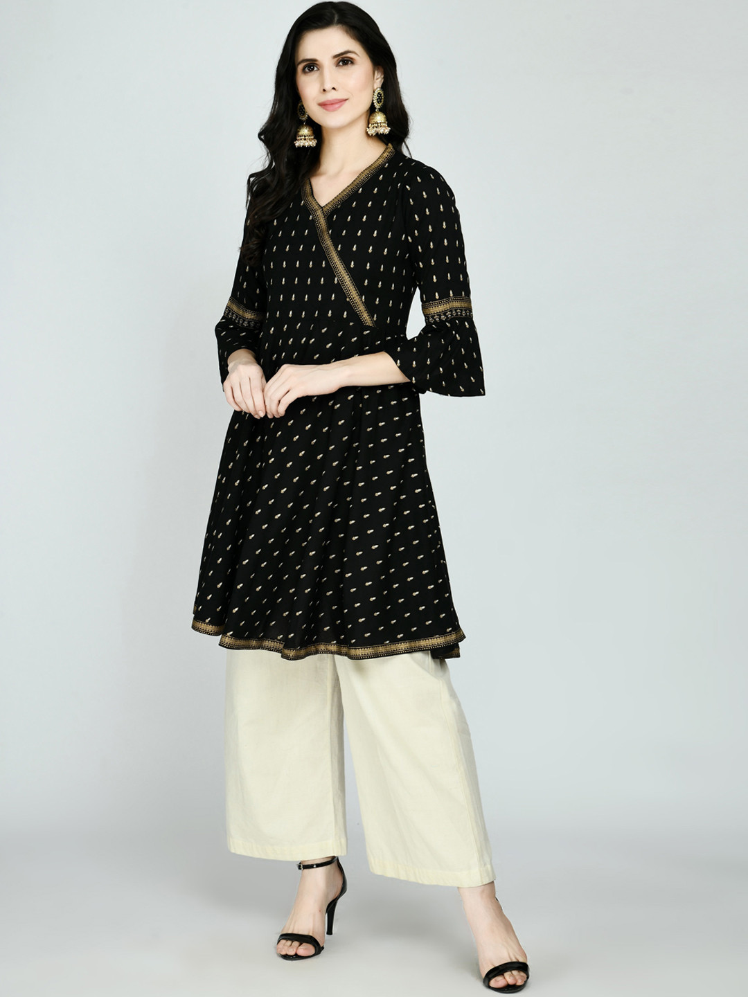 

KALINI Women Black Geometric Flared Sleeves Thread Work Anarkali Kurta