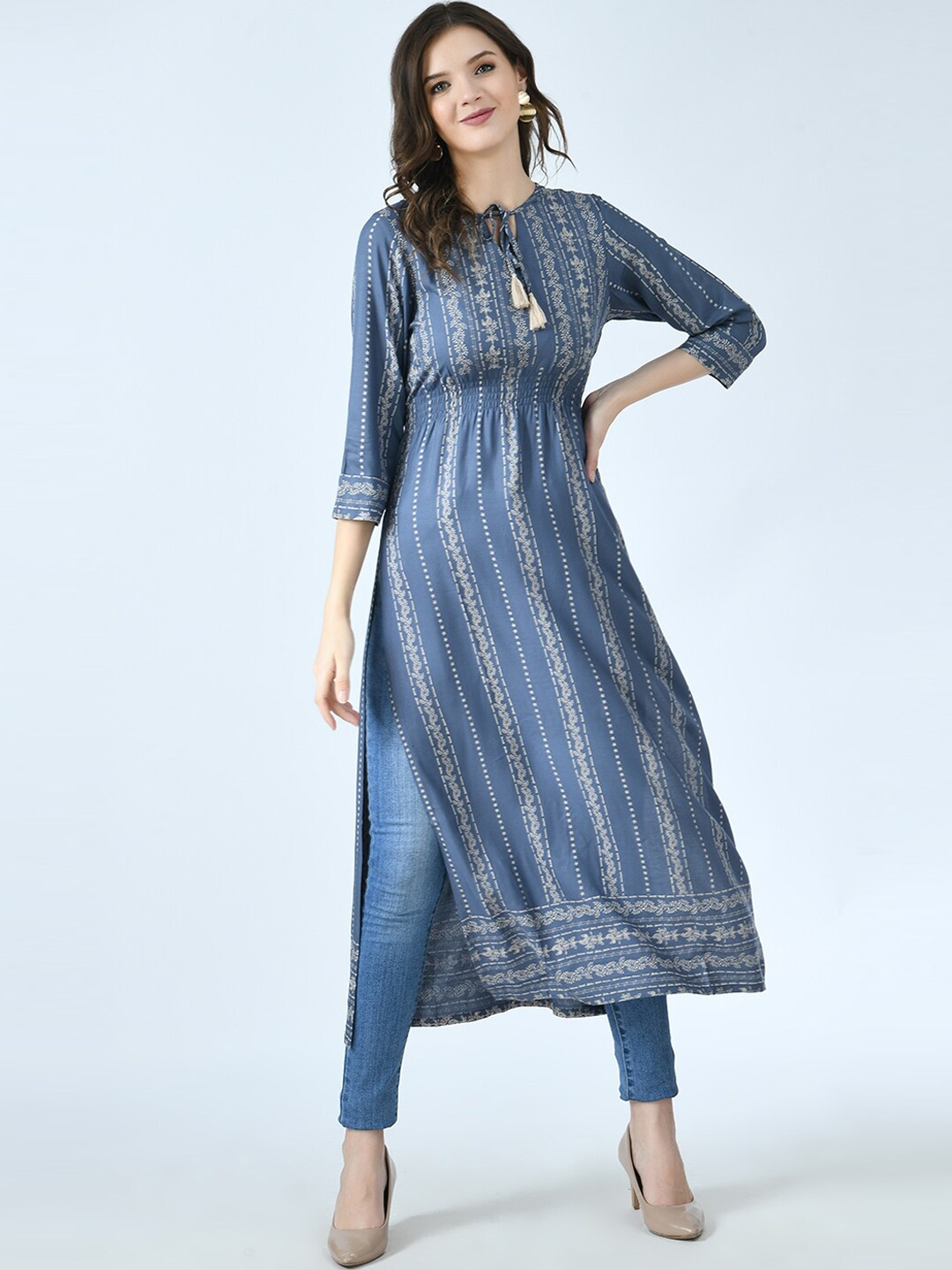 

KALINI Women Grey Geometric Striped Thread Work Anarkali Kurta