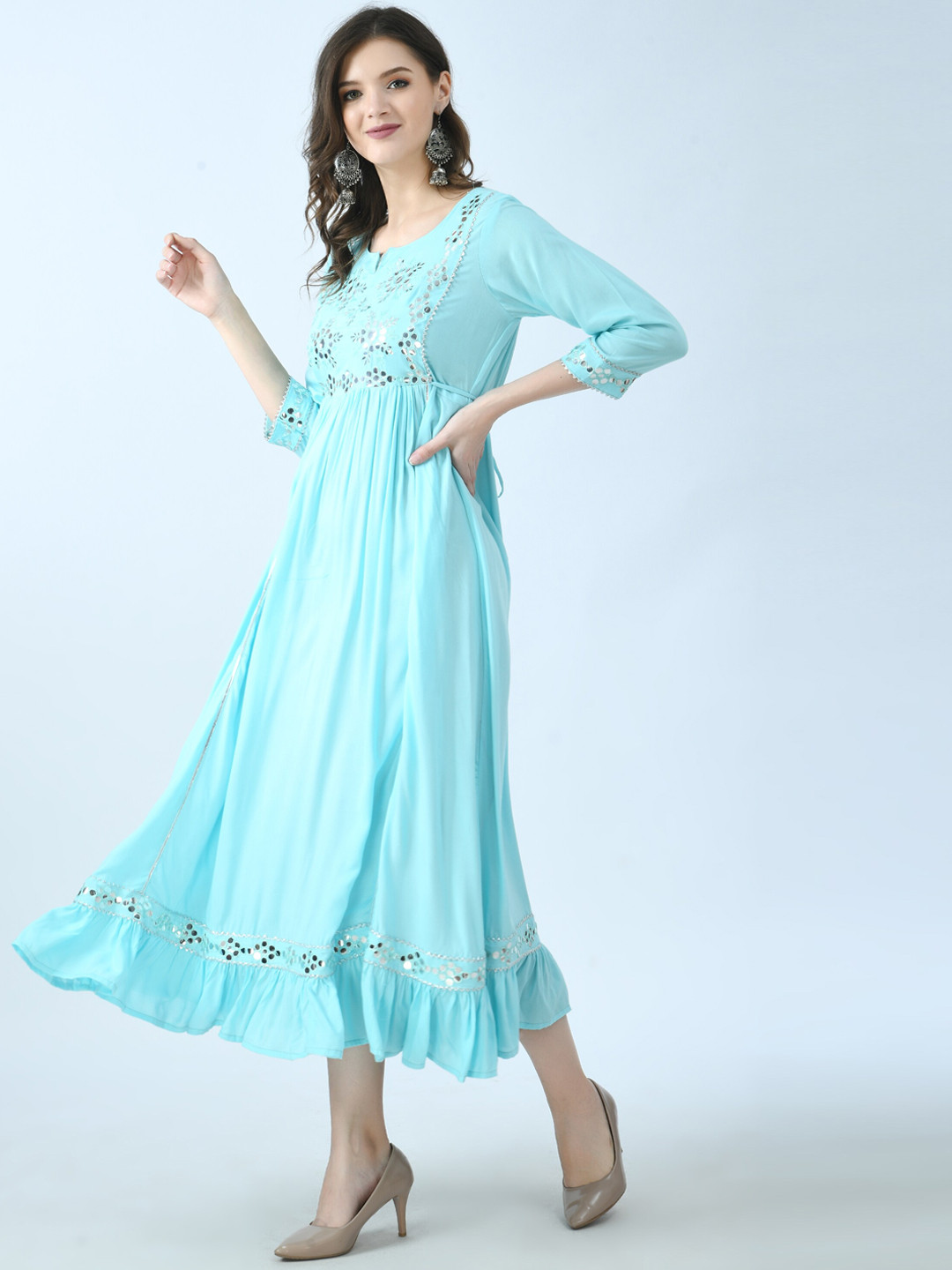 

KALINI Women Turquoise Blue Embroidered Flared Sleeves Thread Work Anarkali Kurta