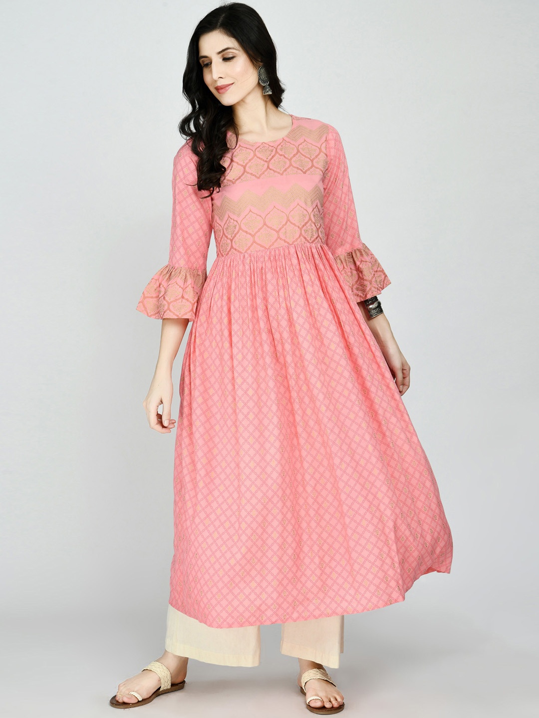 

KALINI Women Peach-Coloured Ethnic Motifs Flared Sleeves Kurta