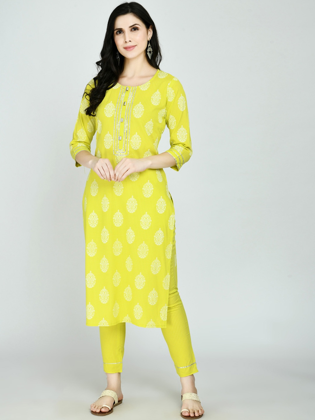 

KALINI Women Mustard Yellow Ethnic Motifs Pure Cotton Kurti with Churidar