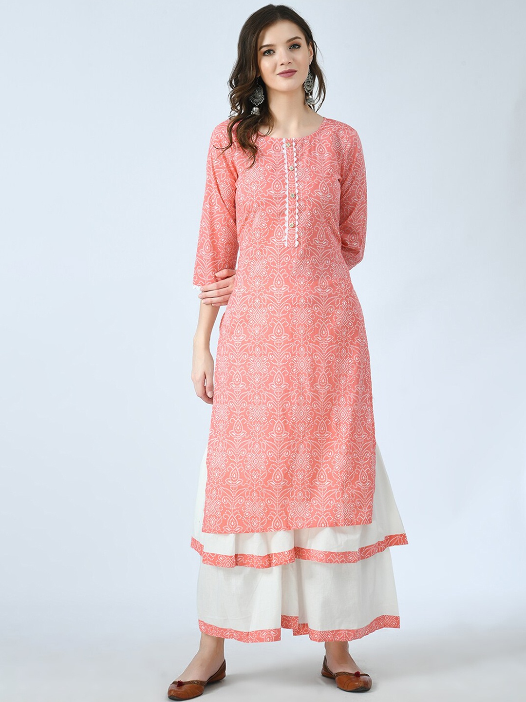 

KALINI Women Peach-Coloured Printed Angrakha Pure Cotton Kurti with Palazzos