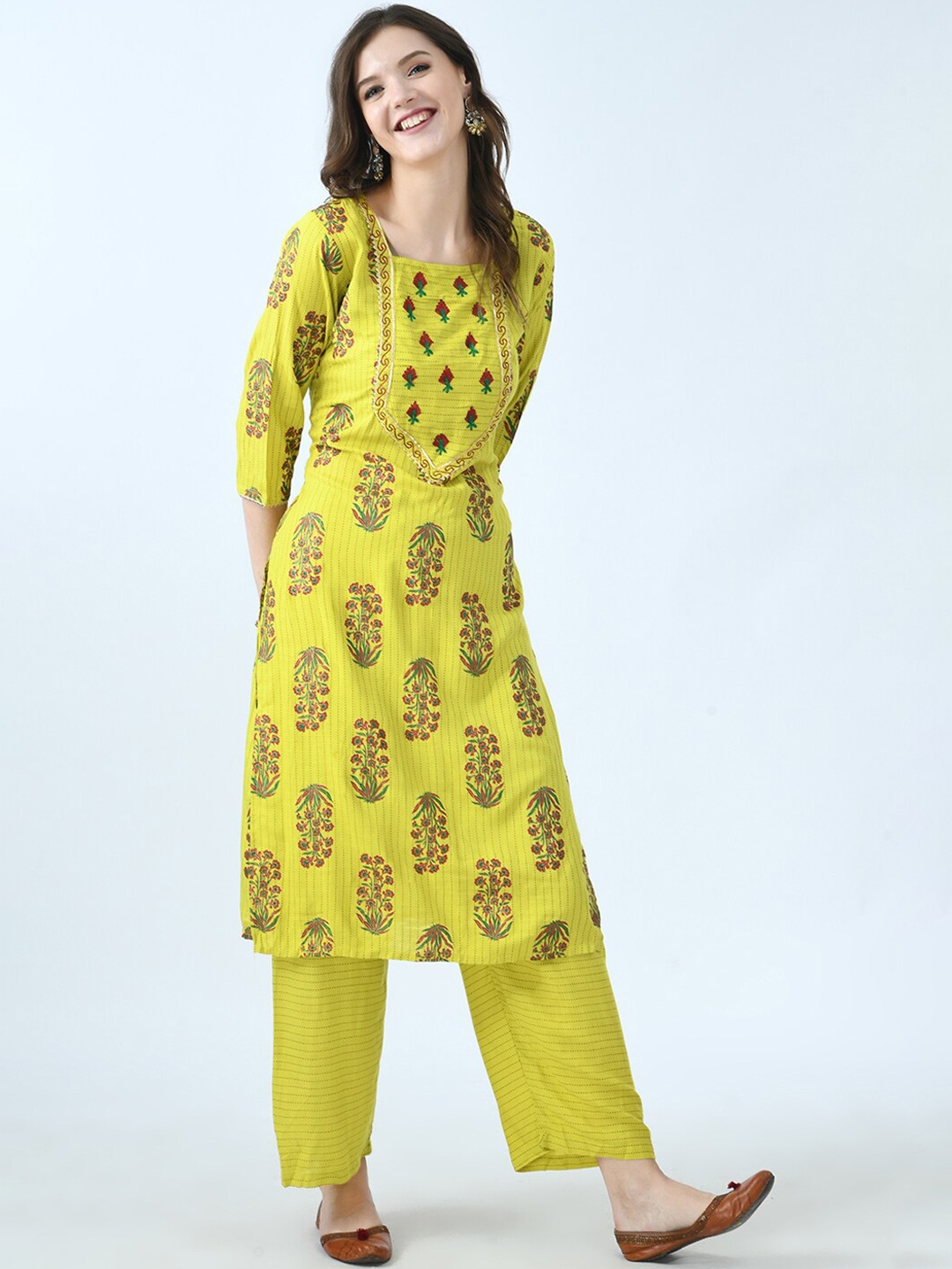

KALINI Women Lime Green Floral Printed Empire Kurti with Palazzos