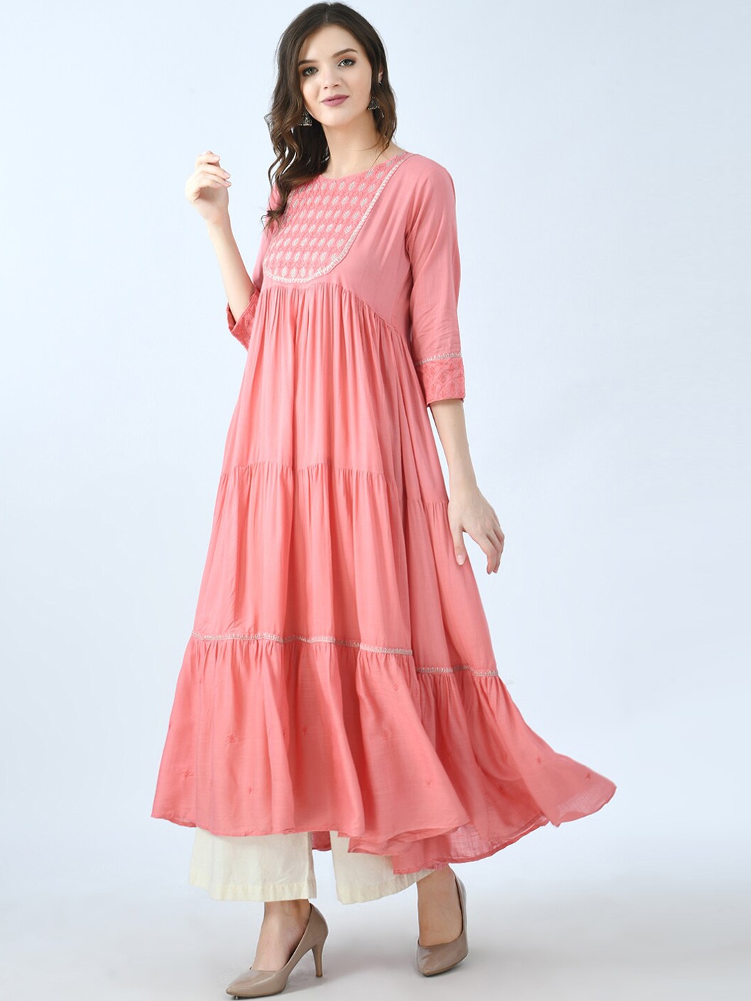 

KALINI Women Peach-Coloured Flared Sleeves Thread Work Anarkali Kurta