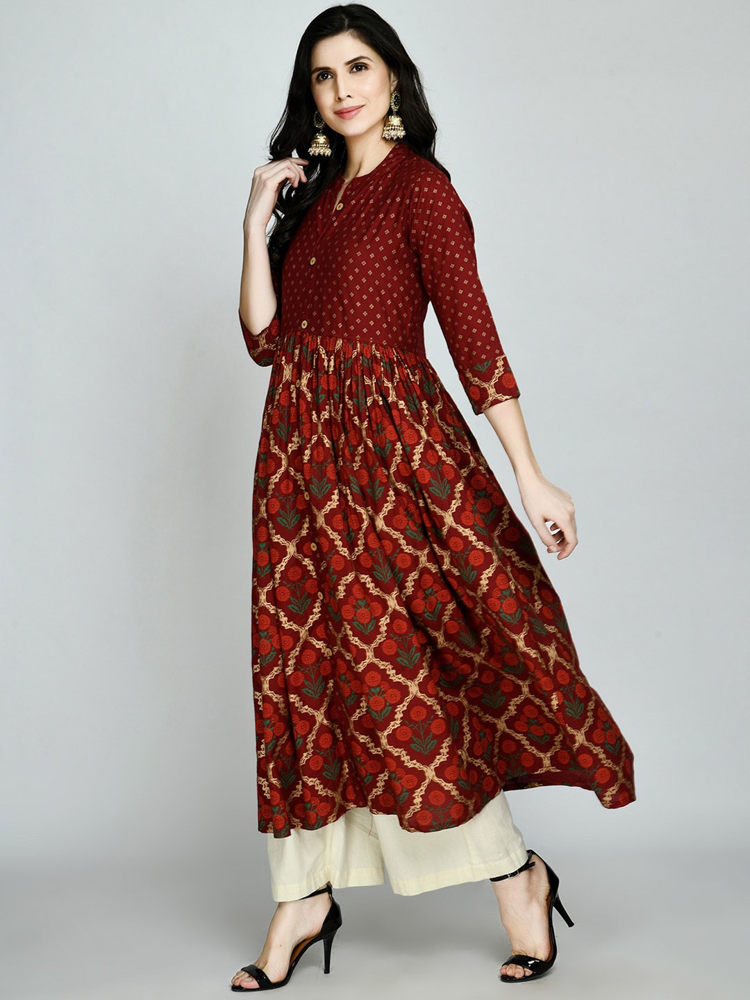 

KALINI Women Maroon Geometric Printed Gotta Patti Kurta