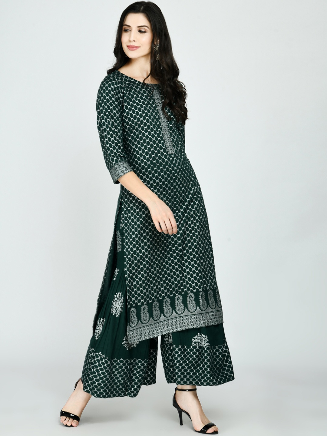 

KALINI Women Navy Blue Paisley Printed Chikankari Kurta