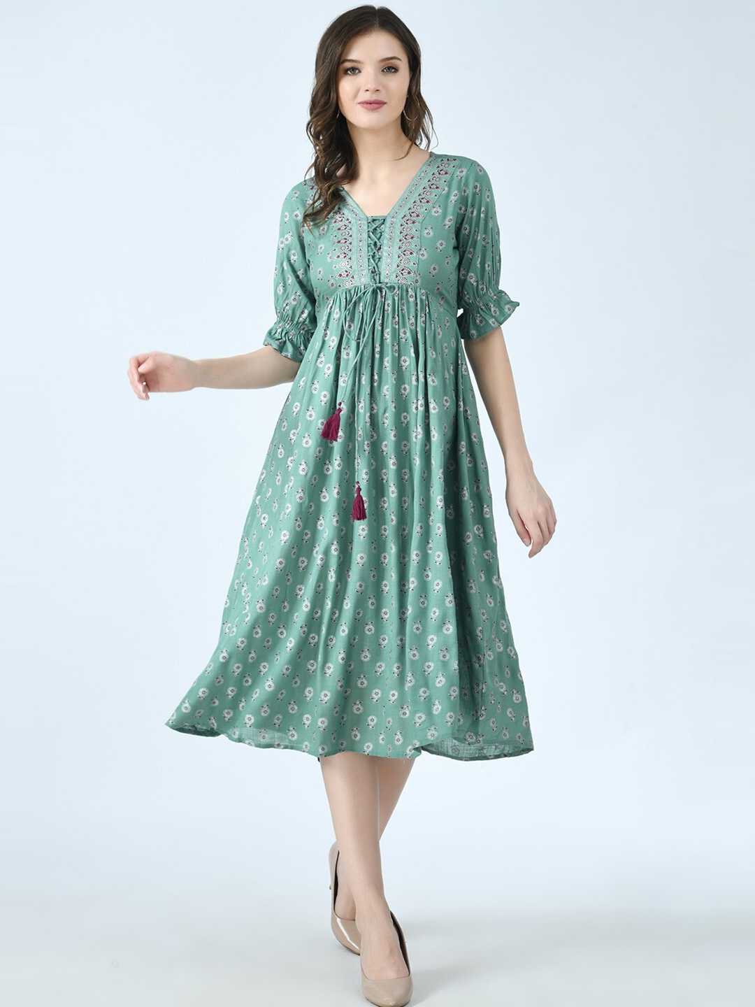 

KALINI Olive Green & sea spray Ethnic Motifs Midi Dress