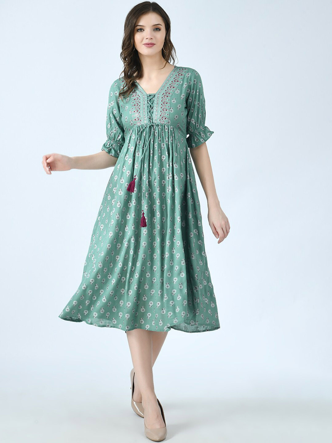 

KALINI Women Olive Green Geometric Checked Mirror Work Anarkali Kurta