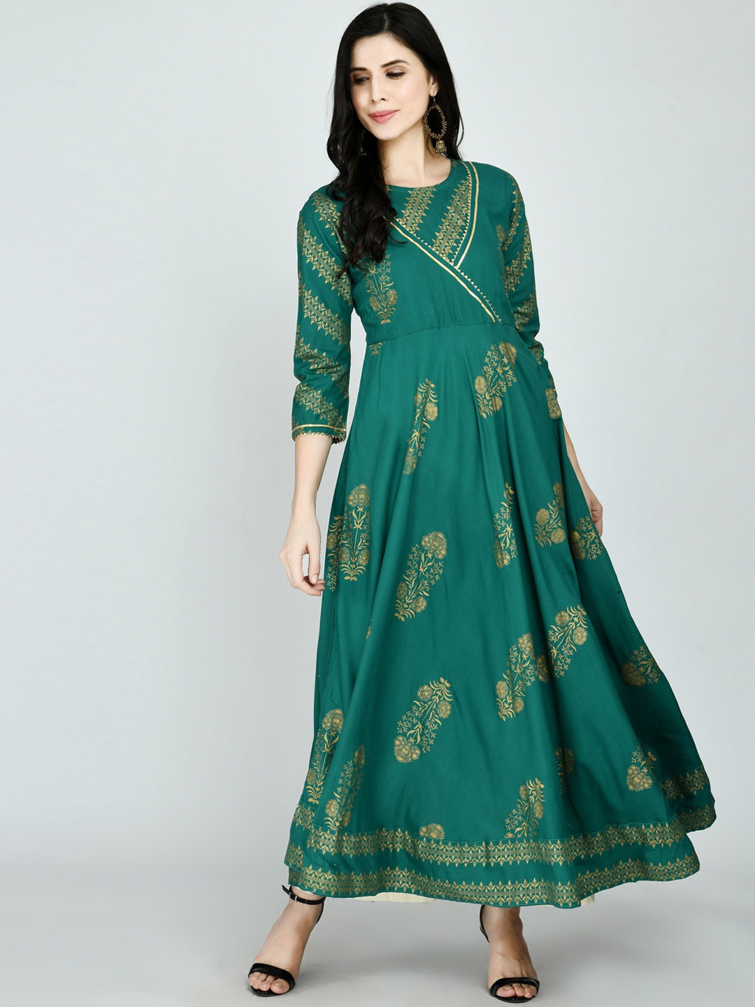 

KALINI Women Green Ethnic Motifs Printed Flared Sleeves Gotta Patti Anarkali Kurta
