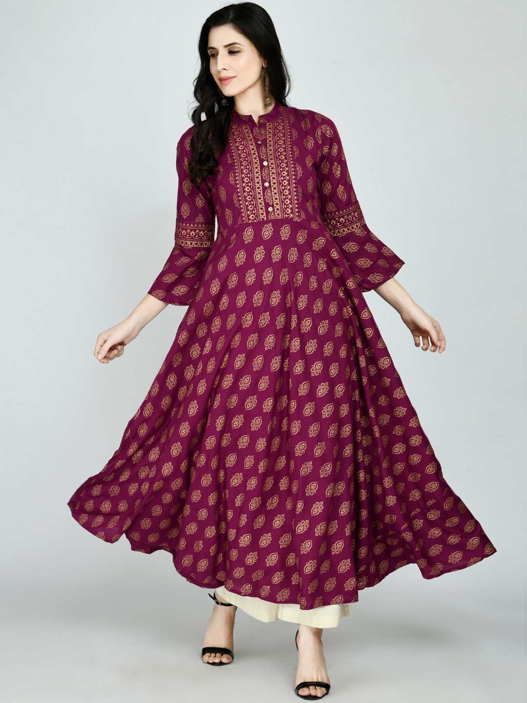 

KALINI Women Purple Ethnic Motifs Printed Flared Sleeves Gotta Patti Anarkali Kurta