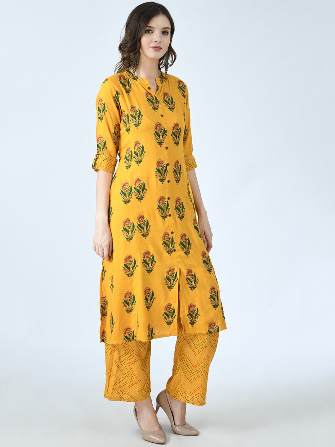 

KALINI Women Mustard Yellow Floral Pleated Kurti with Trousers