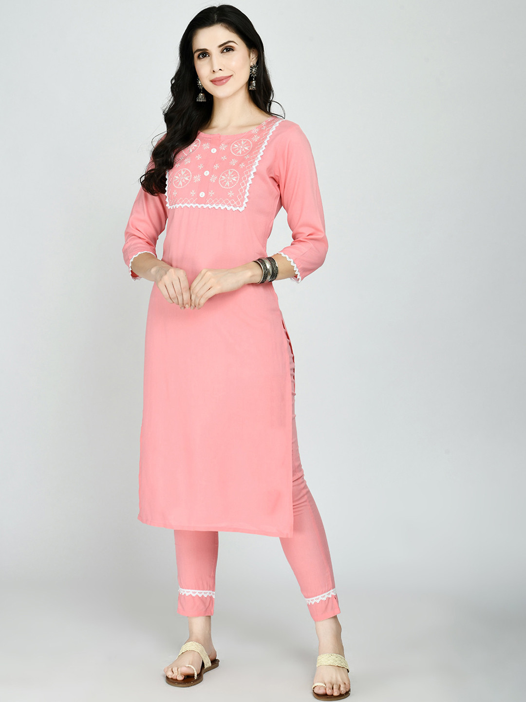 

KALINI Women Peach-Coloured Yoke Design Kurta with Trousers