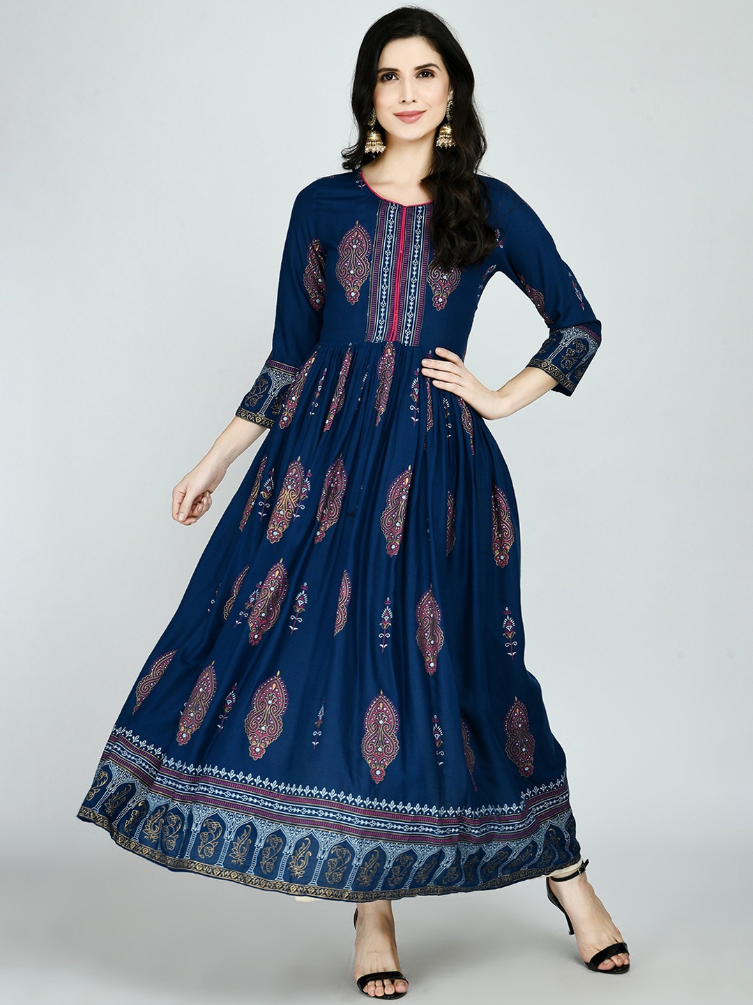 

KALINI Women Navy Blue Ethnic Motifs Printed Flared Sleeves Kurta