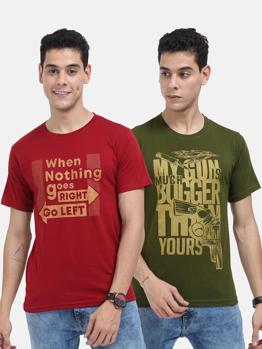 

Fleximaa Men Multicoloured & army green 2 Printed Raw Edge T-shirt, Multi