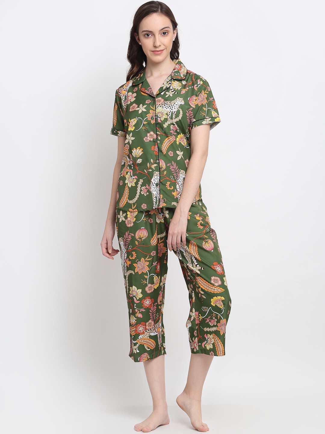 

DressBerry Women Green & Orange Printed Night suit