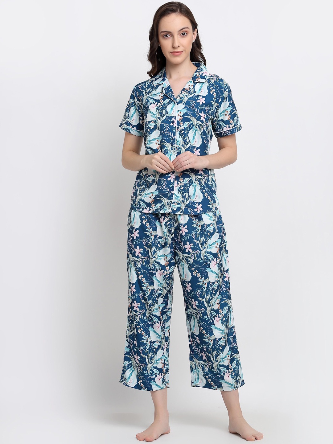 

DressBerry Women Navy Blue & Beige Printed Night suit