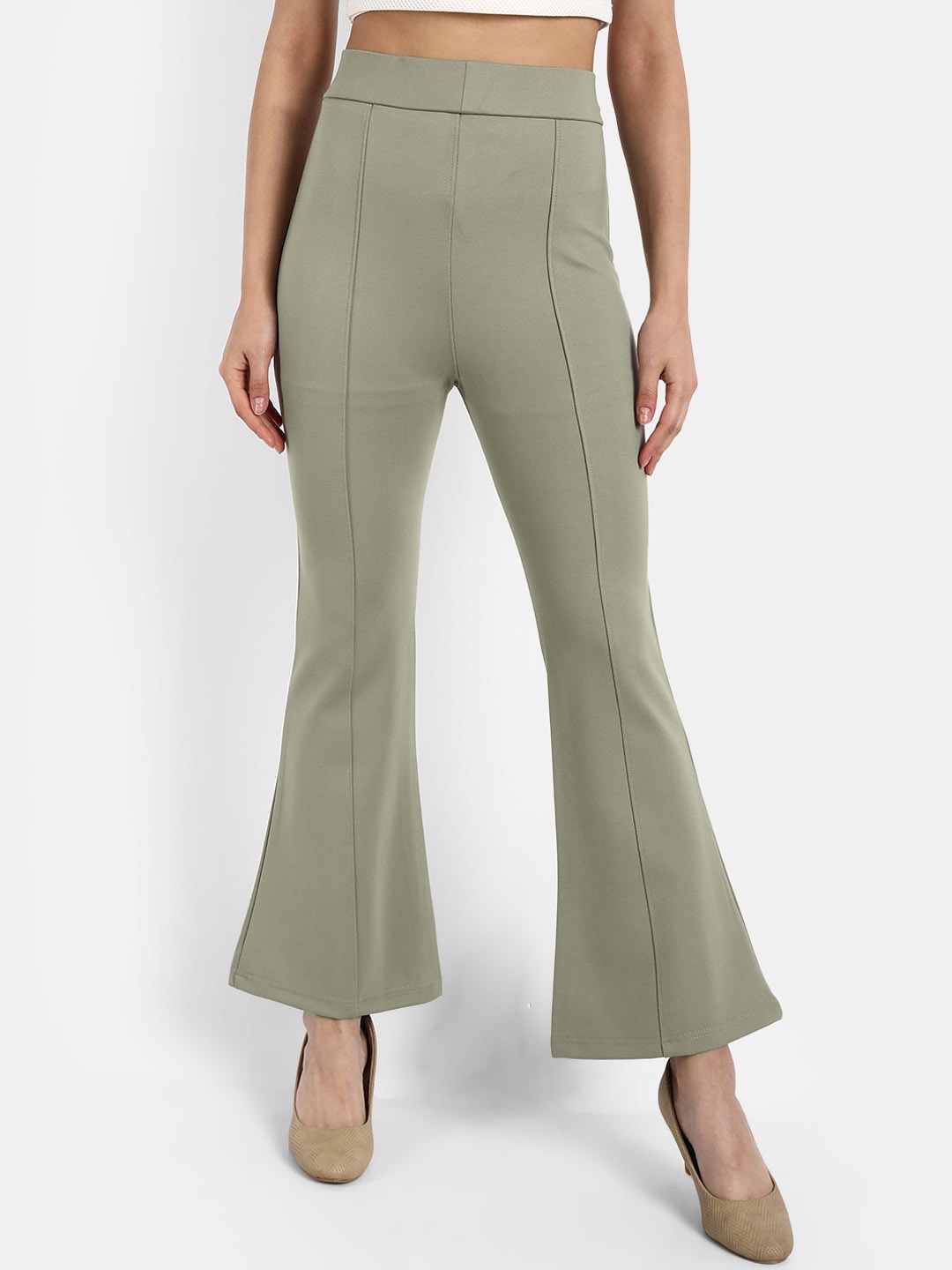 

BROADSTAR Women Green Flared High-Rise Trousers