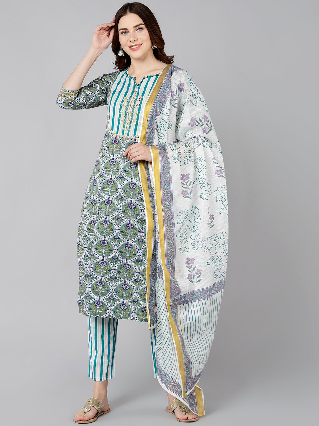 

Bani Women Green Printed Pure Cotton Kurta with Trousers & Dupatta