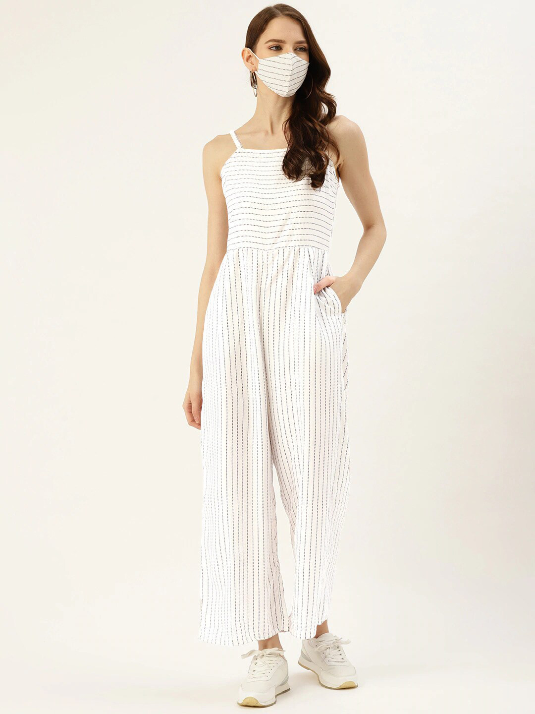 

DressBerry White & Black Striped Basic Jumpsuit