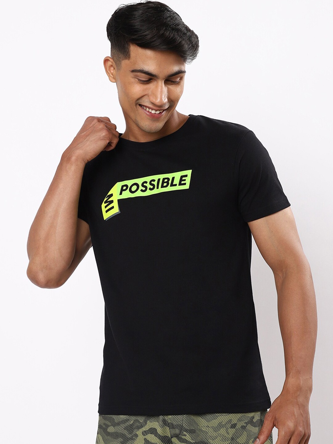 

Bewakoof Men Black & black chocolate Typography Printed T-shirt