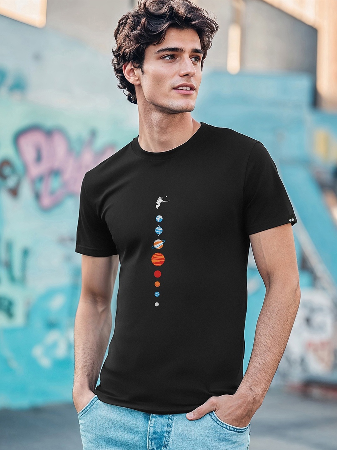 

Bewakoof Men Black & french middle red purple Printed Drop-Shoulder Sleeves Applique T-shirt