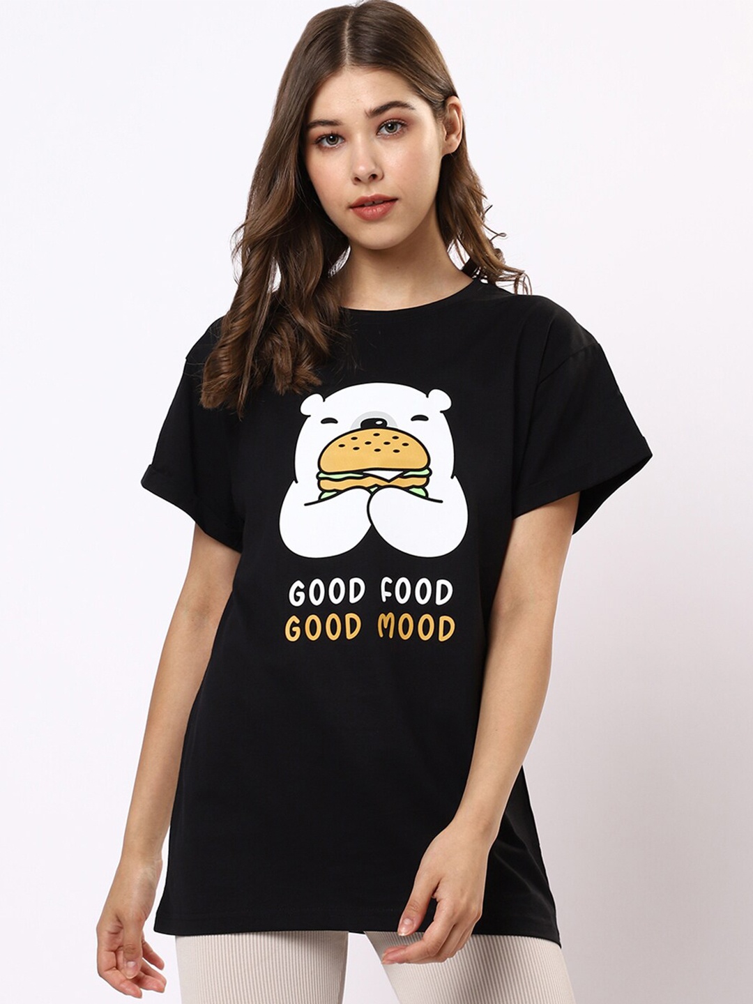 

Bewakoof Women Black & xiketic Typography Printed Extended Sleeves T-shirt