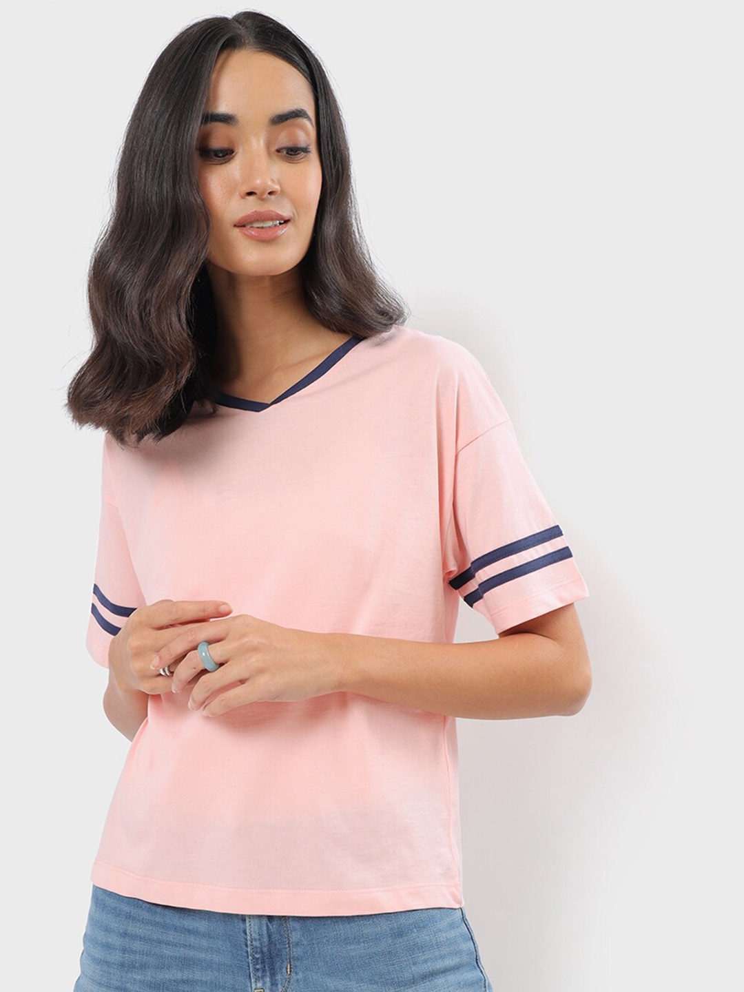 

Bewakoof Women Blue & pearl blush V-Neck T-shirt